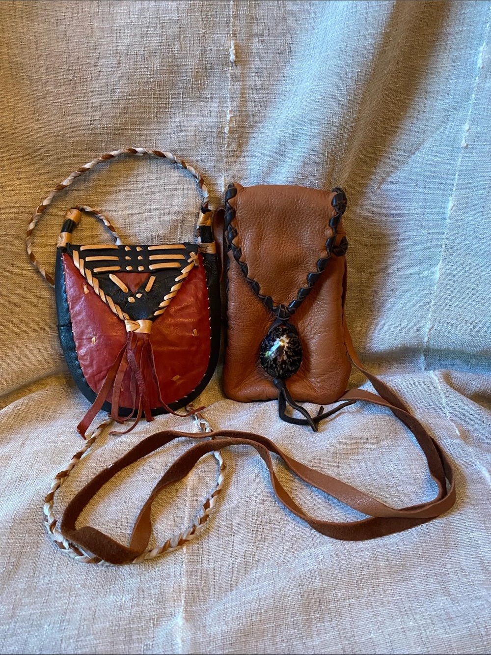 Handcrafted Leather Medicine Spirit Pouch with Shell Accent plus a smaller pouch